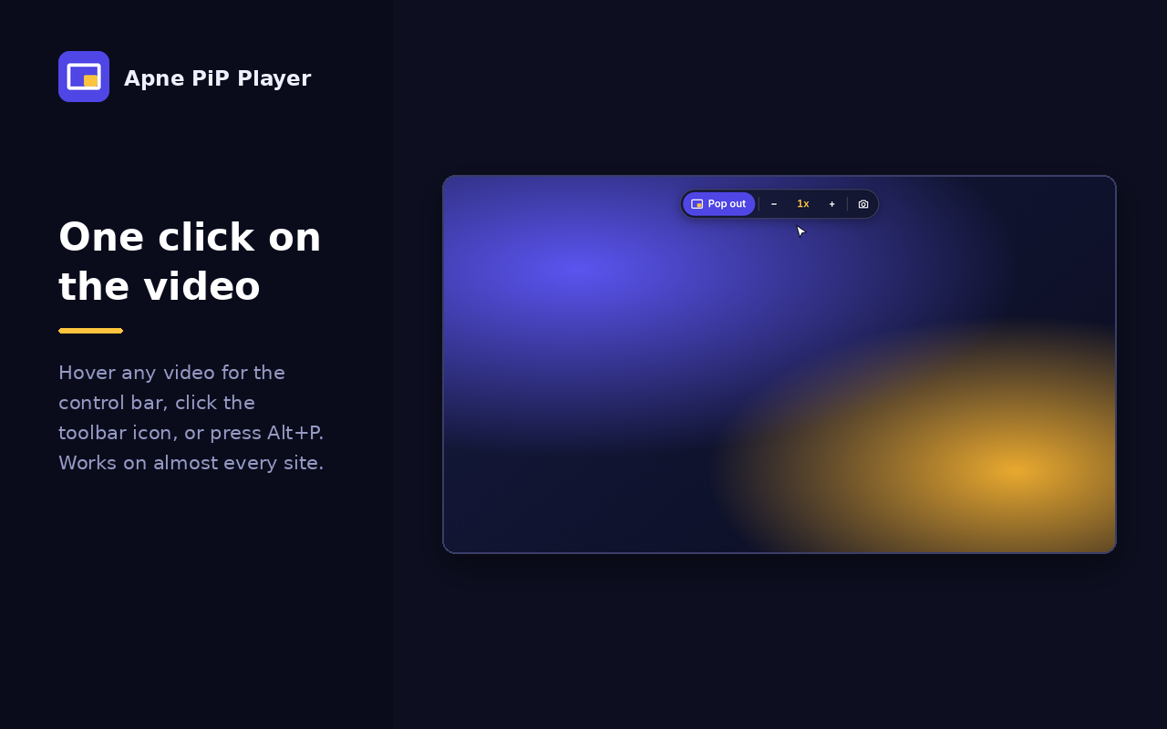 A control bar floating over a video, with a Pop out button, speed controls and a screenshot button.
