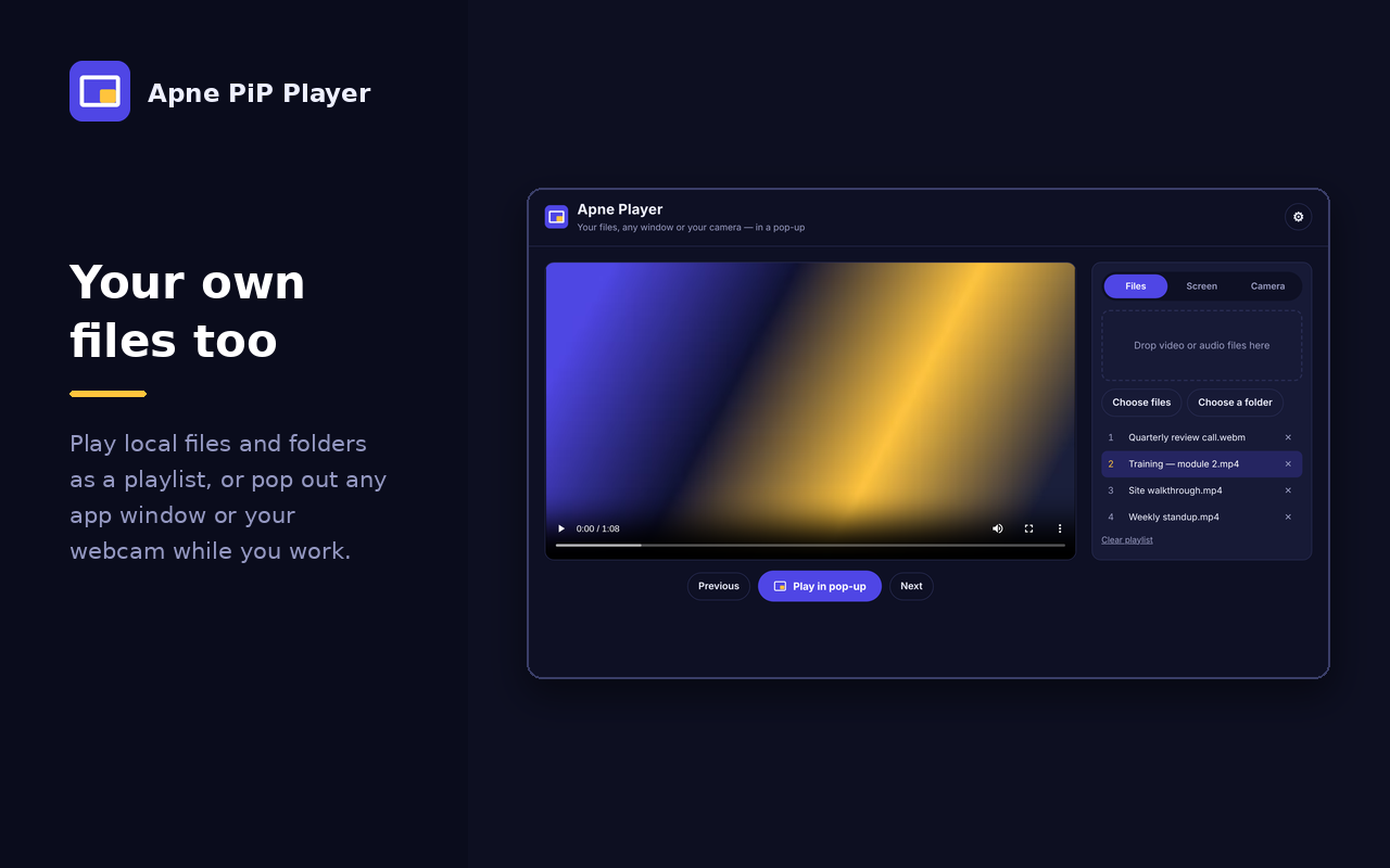 The Apne Player page with a playlist of local video files and a Play in pop-up button.